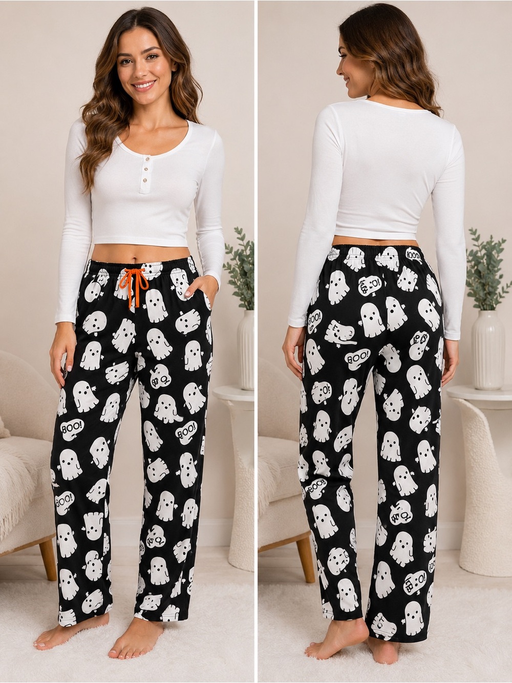 Mad Engine Halloween Ghost Boo Pajama Pants Black White Size Small NWT